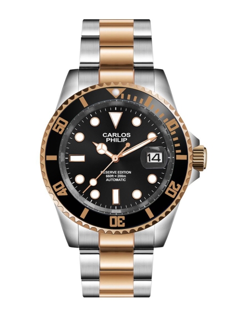 CARLOS PHILIP Men Brass Dial & Stainless Steel Bracelet Style Straps Analogue Automatic Motion Powered Watch