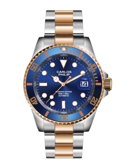 CARLOS PHILIP Men Brass Dial & Stainless Steel Bracelet Style Straps Analogue Automatic Motion Powered Watch