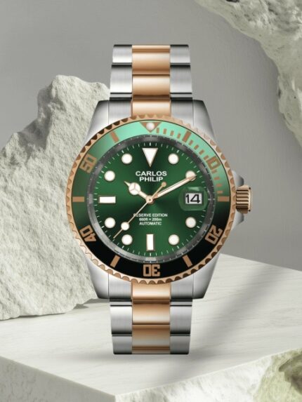 CARLOS PHILIP Men Brass Embellished Dial & Stainless Steel Bracelet Style Straps Analogue Automatic Motion Watch