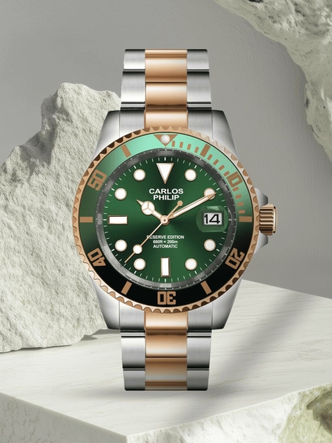 CARLOS PHILIP Men Brass Embellished Dial & Stainless Steel Bracelet Style Straps Analogue Automatic Motion Watch