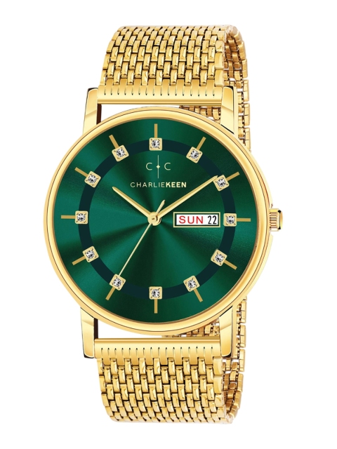 CHARLIEKEEN Men Brass Embellished Dial Analogue Watch CC-GR428-GRN-GLD