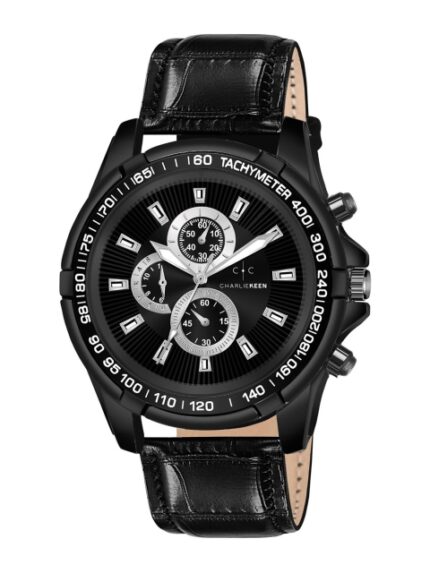 CHARLIEKEEN Men Brass Embellished Dial & Wrap Around Straps Watch CC-GR911-BLK-BLK