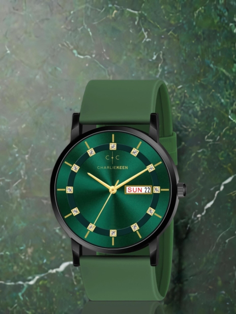 CHARLIEKEEN Men Brass Patterned Dial & Straps Analogue Watch CC-GR318-GRN-GRN