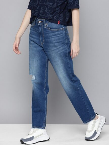 Levis Women Mom Fit Low Distress High Rise Heavy Fade Stretchable Jeans