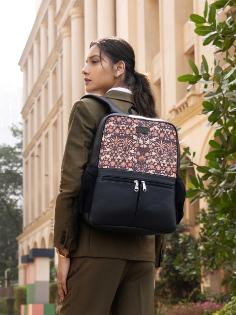 ZOUK Women Ethnic Printed Vegan Leather Backpack With Compression Straps-Up to 16 inch